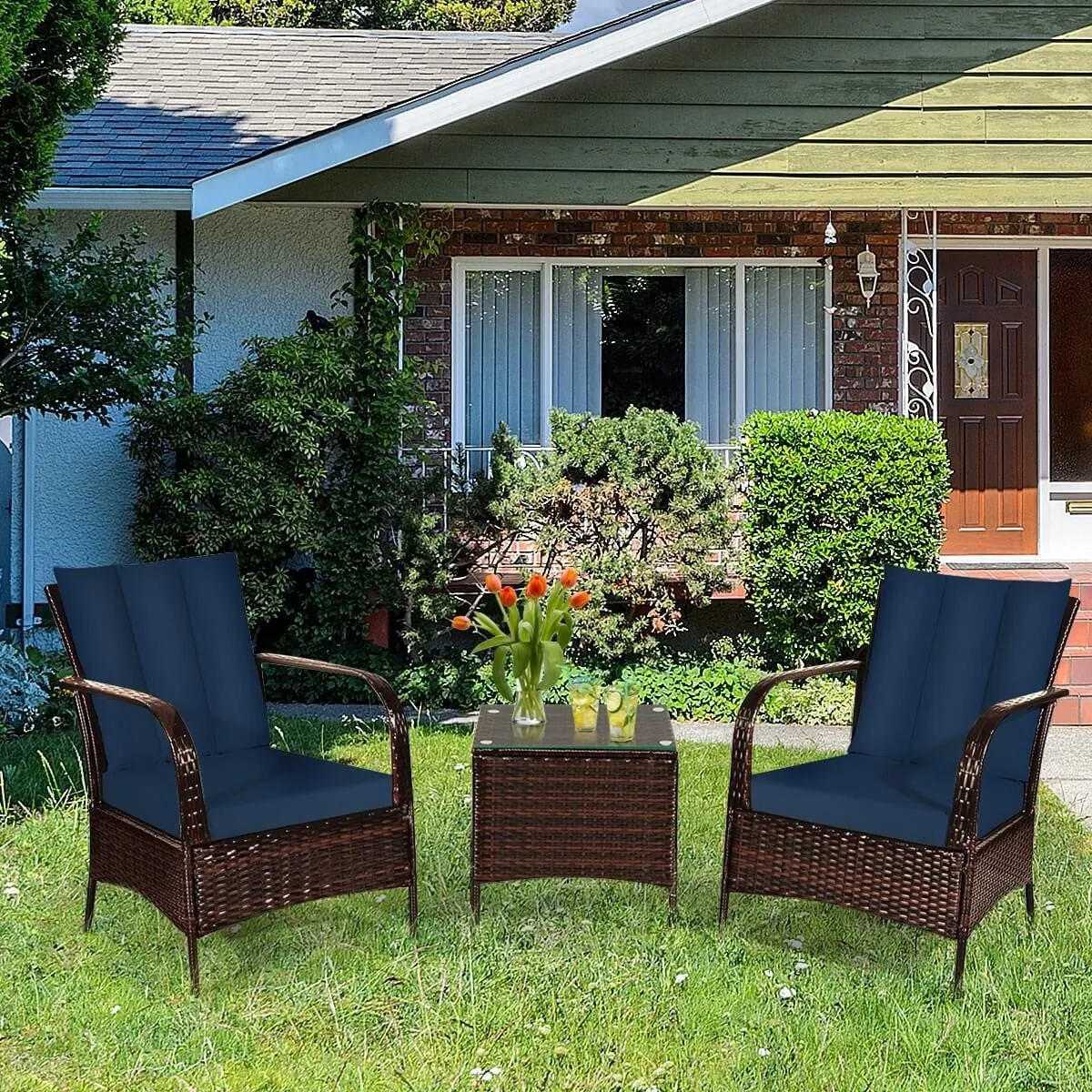 3pc Wicker Rattan Patio Furniture Set - Navy