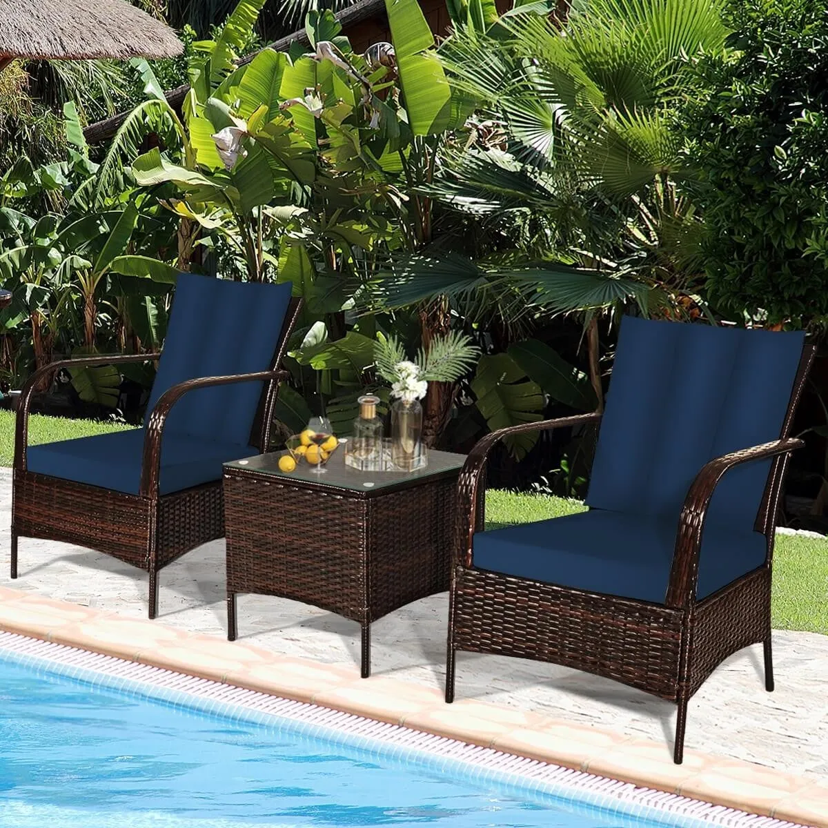 3pc Wicker Rattan Patio Furniture Set - Navy