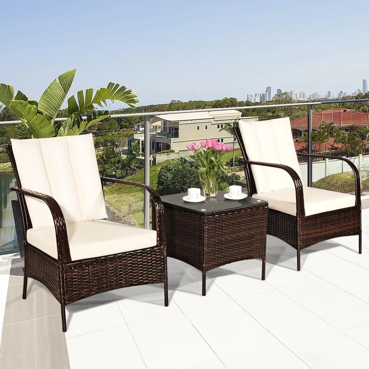 3pc Wicker Rattan Patio Furniture Set - White