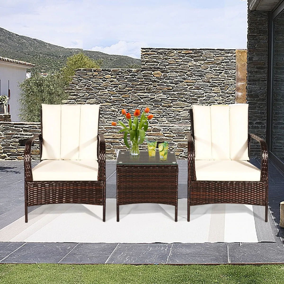 3pc Wicker Rattan Patio Furniture Set - White