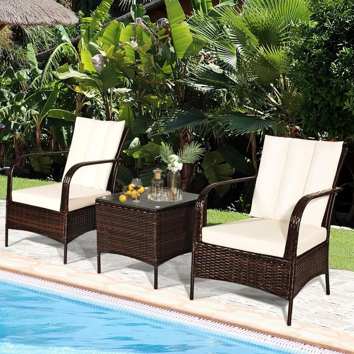 3pc Wicker Rattan Patio Furniture Set - White