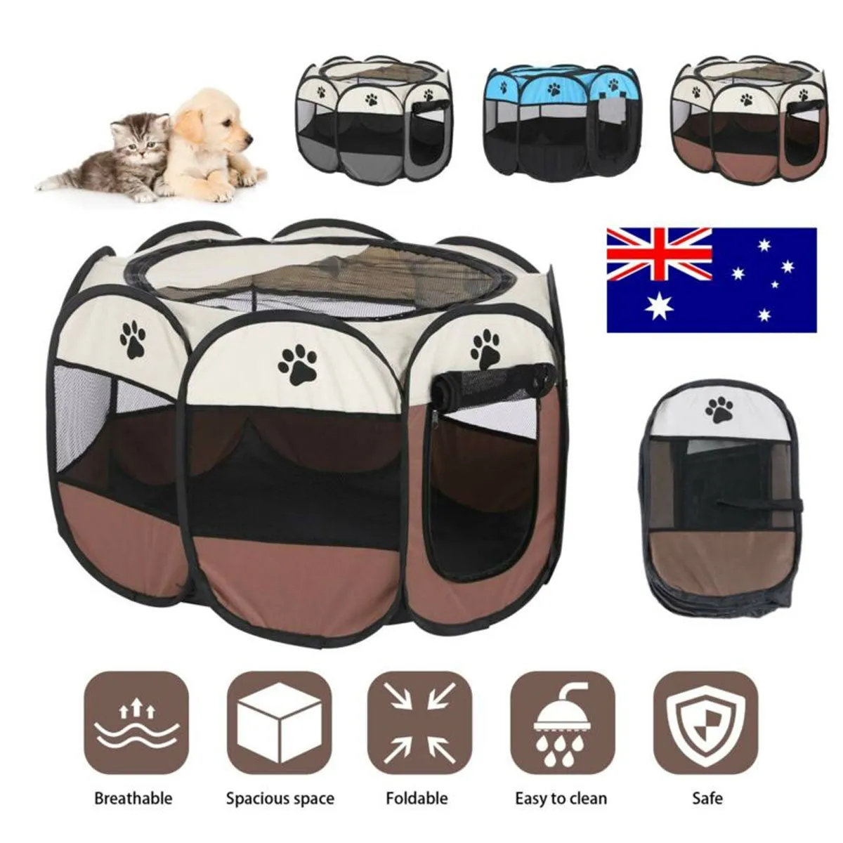 8 Panel Pet Dog Cat Crate Play Pen Bags Kennel Portable Tent Playpen Puppy Cage - brown