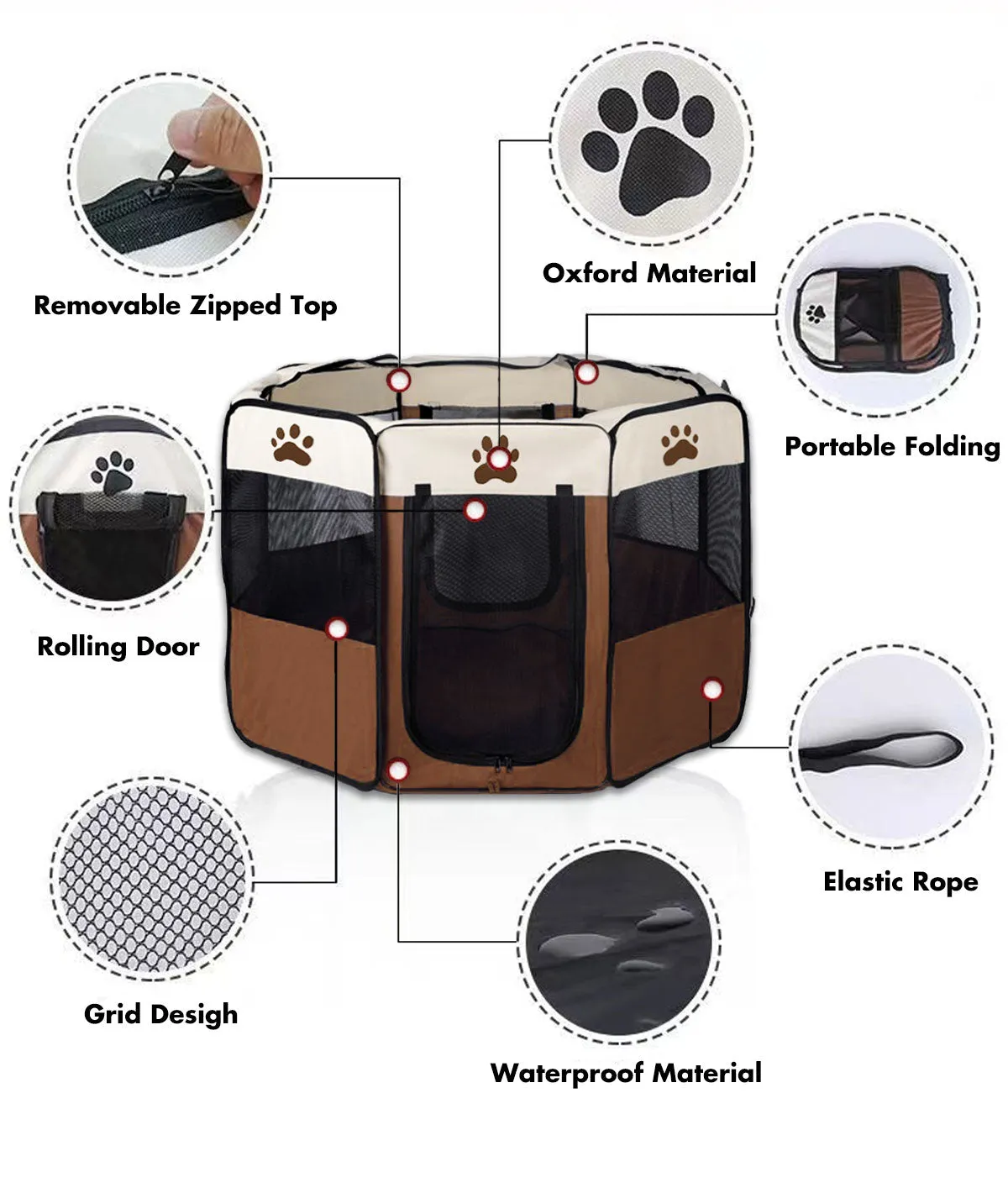 8 Panel Pet Dog Cat Crate Play Pen Bags Kennel Portable Tent Playpen Puppy Cage - brown