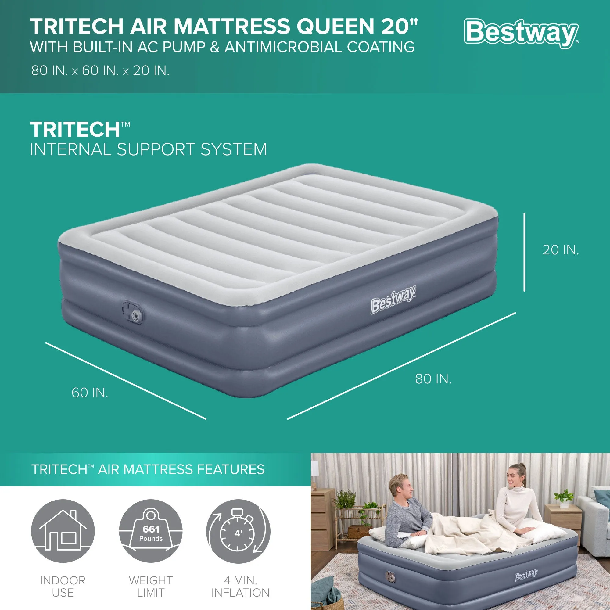 Bestway Tritech Air Mattress w/ Built-in AC Pump & Antimicrobial Coating, Queen