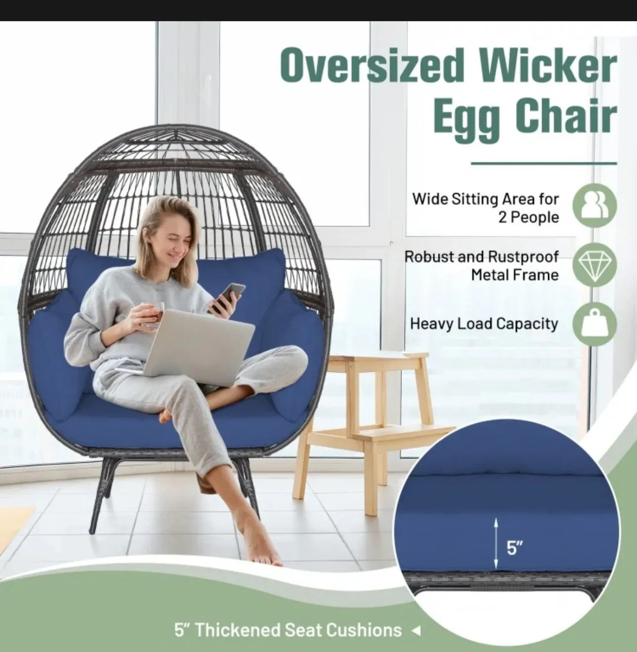 Heavy Duty XXL Rattan Patio Egg Lounge Chair For 2 People | Comes With 4 Thick Cushions | Rustproof | Indoor | Outdoor | Holds 450lbs