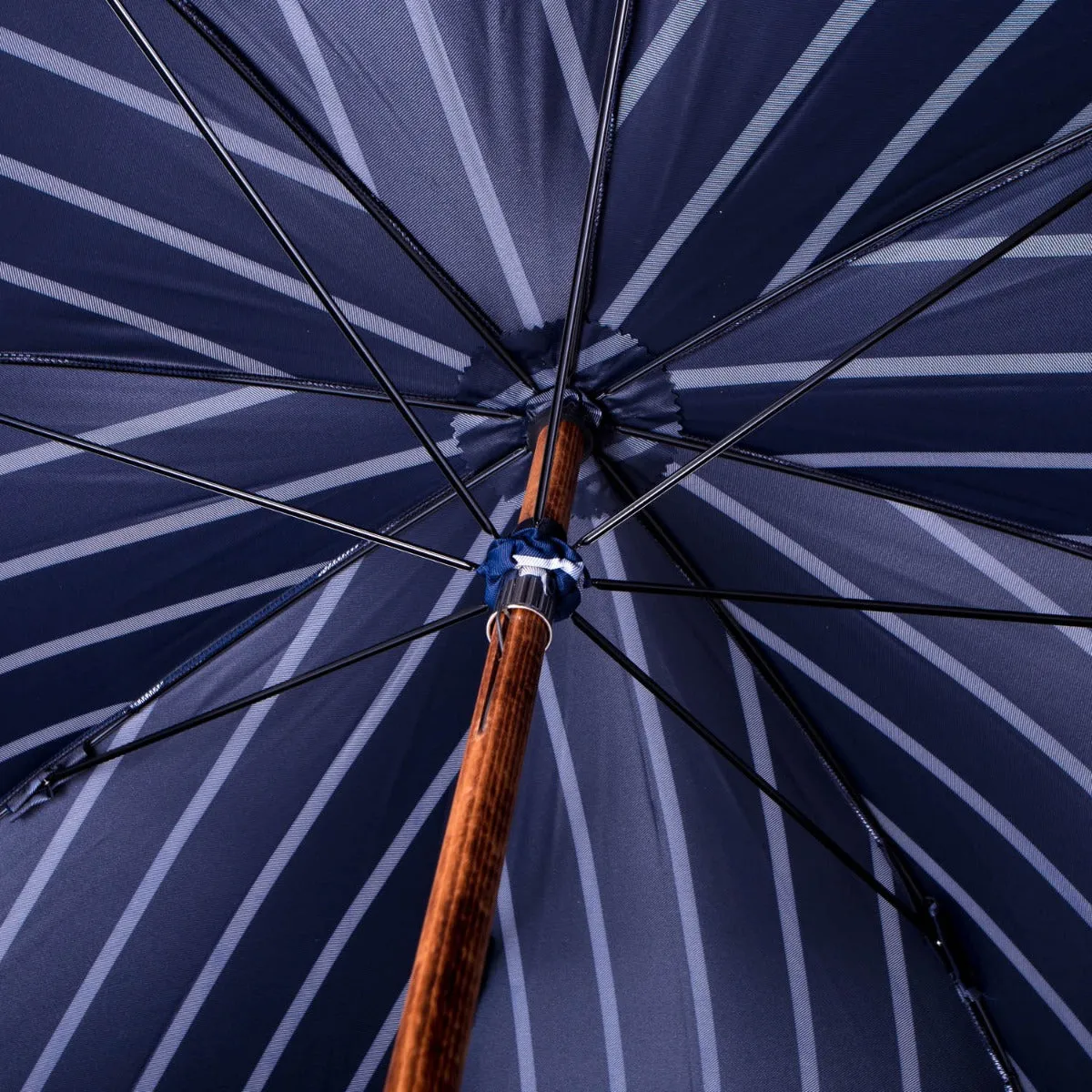 Navy Pin Stripe Umbrella with Bamboo Handle