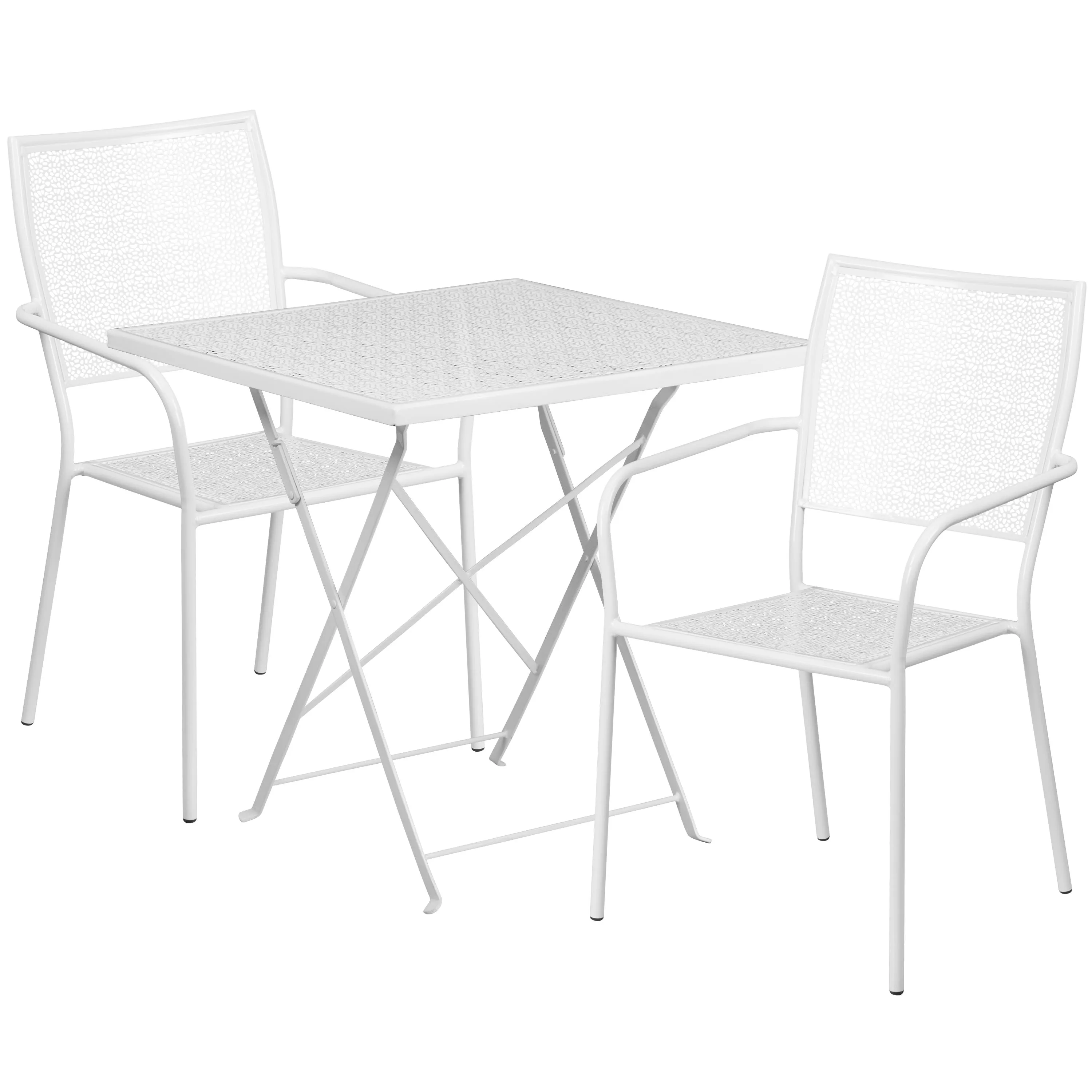 Oia Commercial Grade 28" Square Indoor-Outdoor Steel Folding Patio Table Set with 2 Square Back Chairs