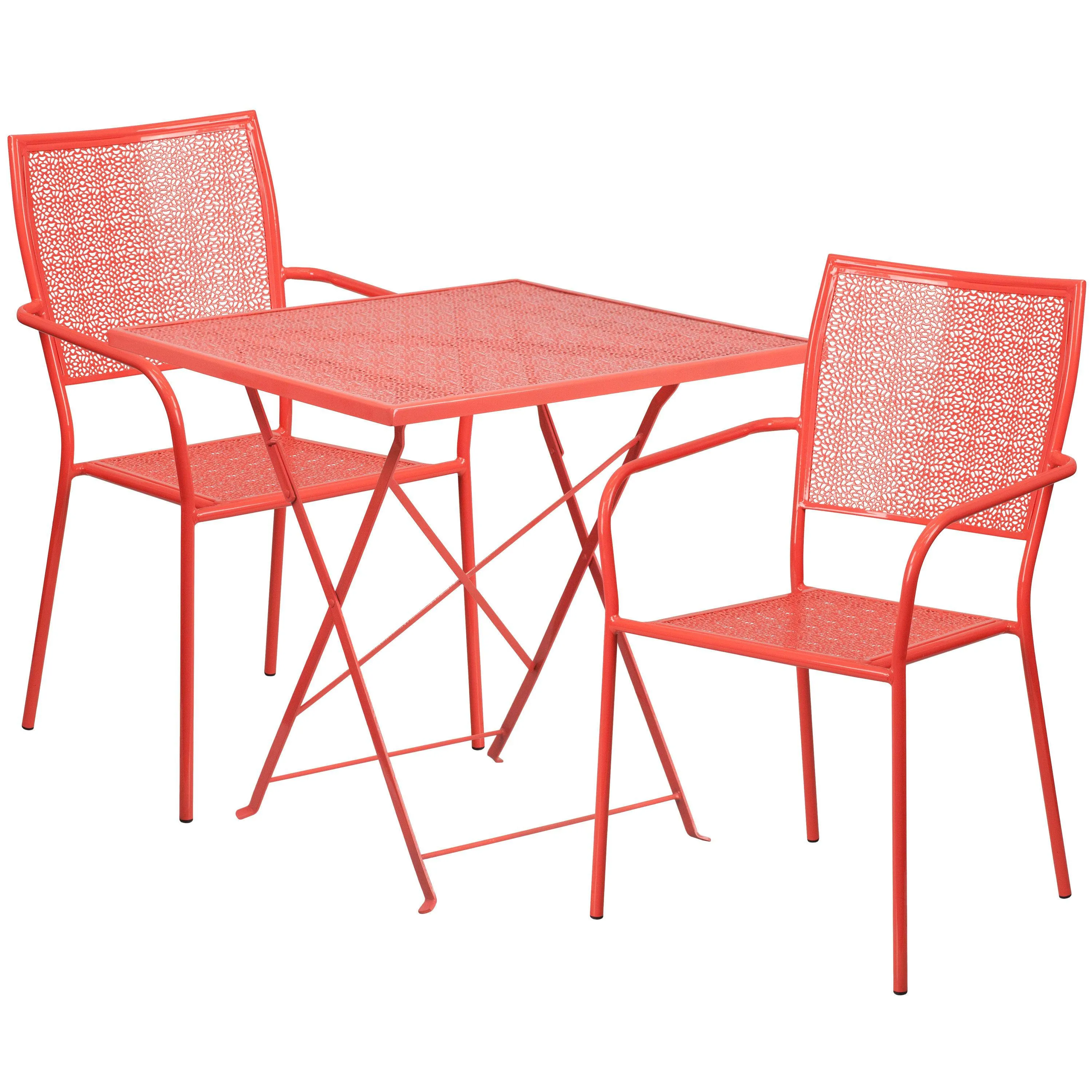 Oia Commercial Grade 28" Square Indoor-Outdoor Steel Folding Patio Table Set with 2 Square Back Chairs