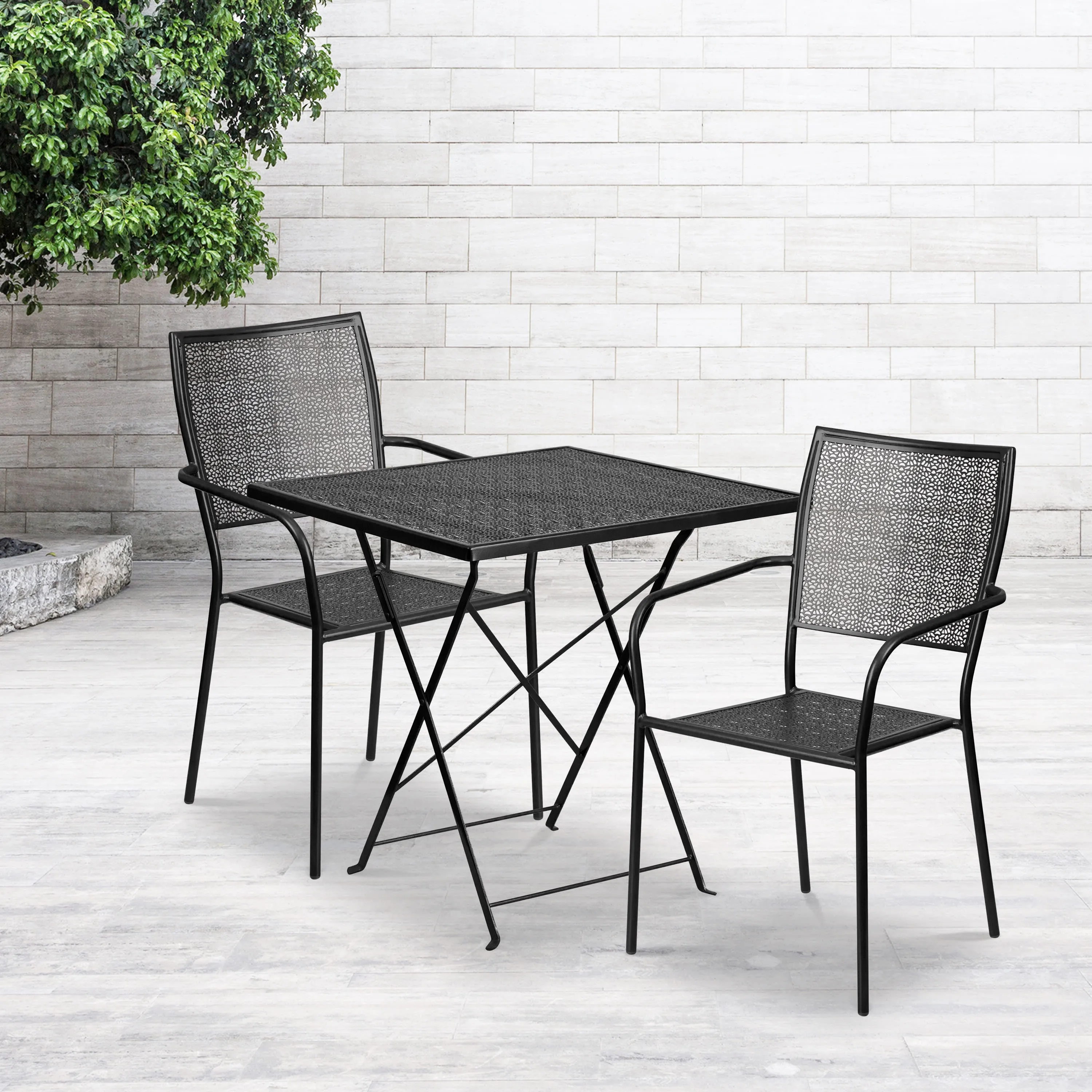 Oia Commercial Grade 28" Square Indoor-Outdoor Steel Folding Patio Table Set with 2 Square Back Chairs