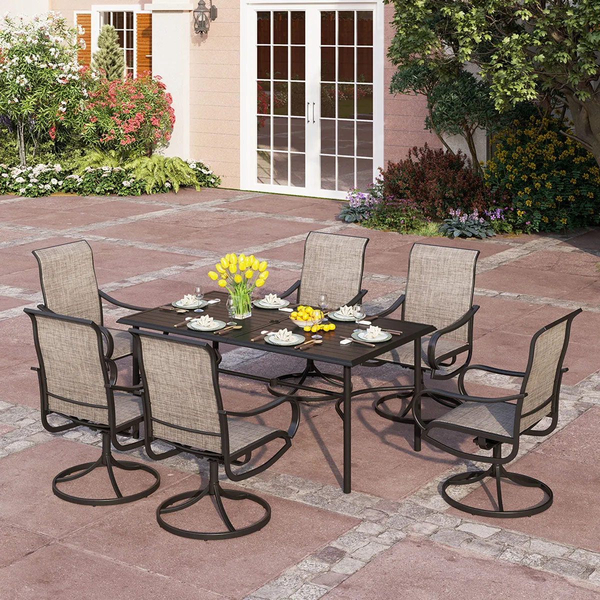 PHI VILLA 7-Piece Patio Dining Set Textilene Swivel Chairs & Steel Rectangle Table