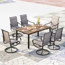 PHI VILLA 7-Piece Patio Dining Set Textilene Swivel Chairs & Steel Rectangle Table