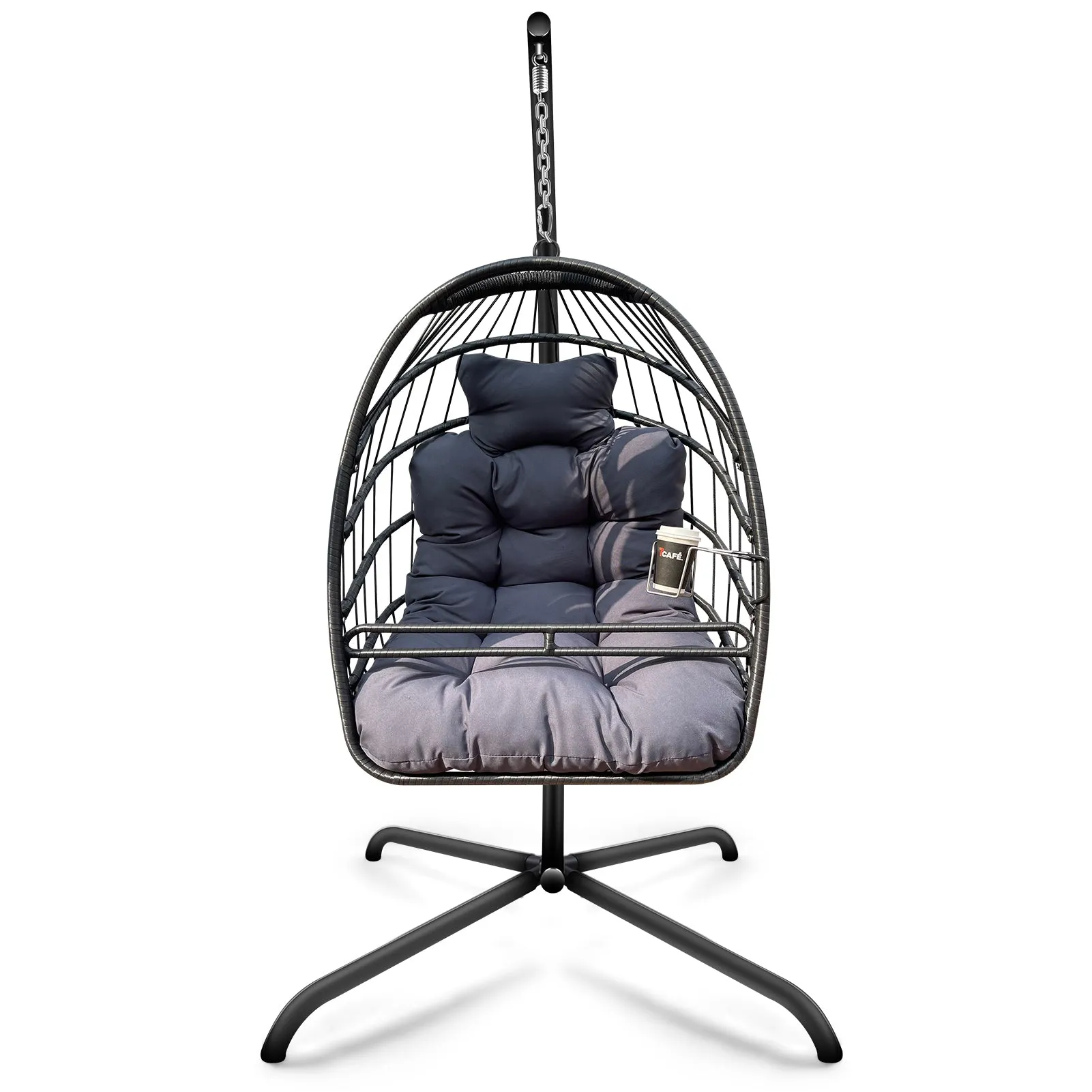 Swing Egg Chair with Stand Indoor Outdoor Wicker Rattan Patio Basket Hanging Chair with C Type bracket , with cushion and pillow,Patio Wicker folding Hanging Chair( Special construction cup holder