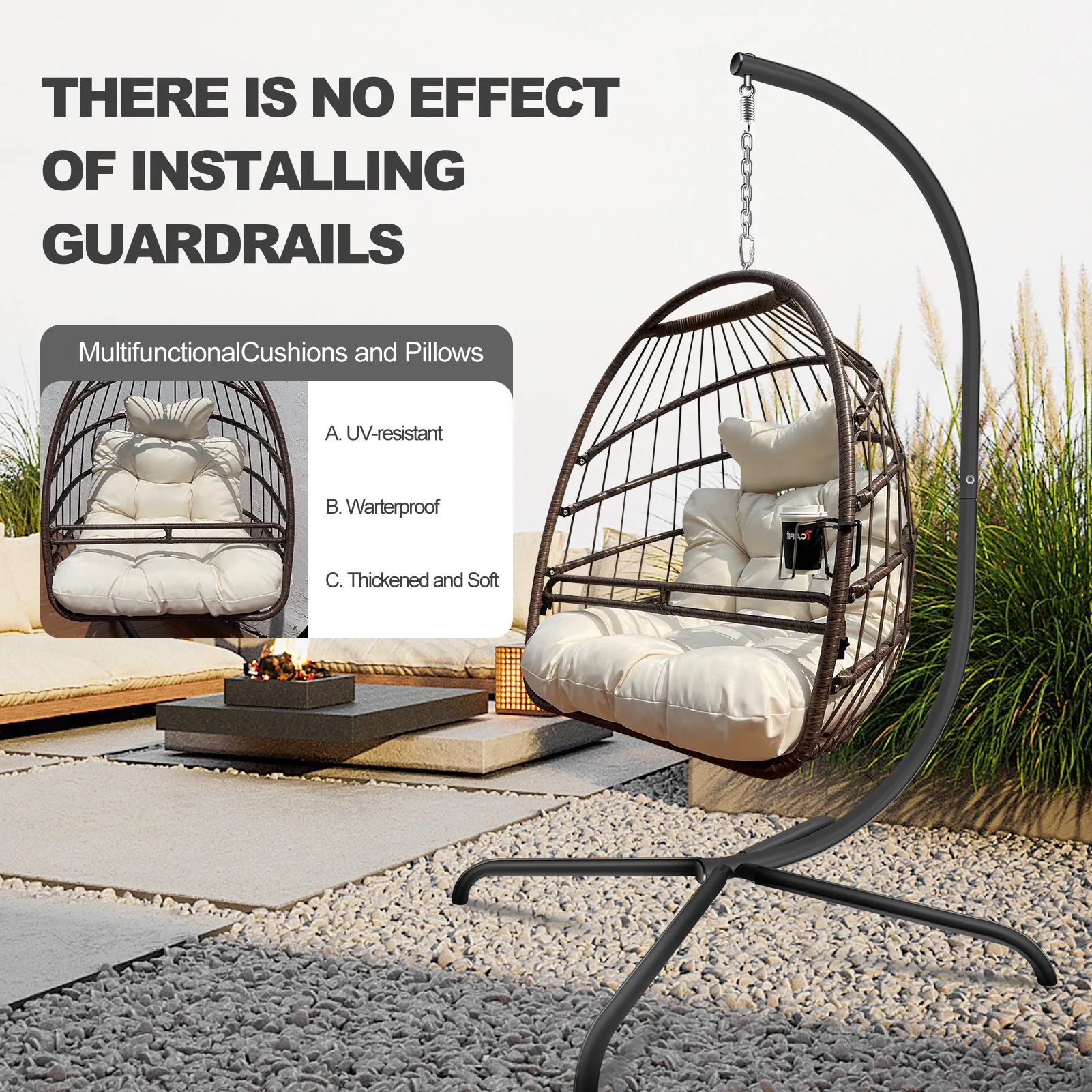 Swing Egg Chair with Stand Indoor Outdoor Wicker Rattan Patio Basket Hanging Chair with C Type bracket , with cushion and pillow,Patio Wicker folding Hanging Chair