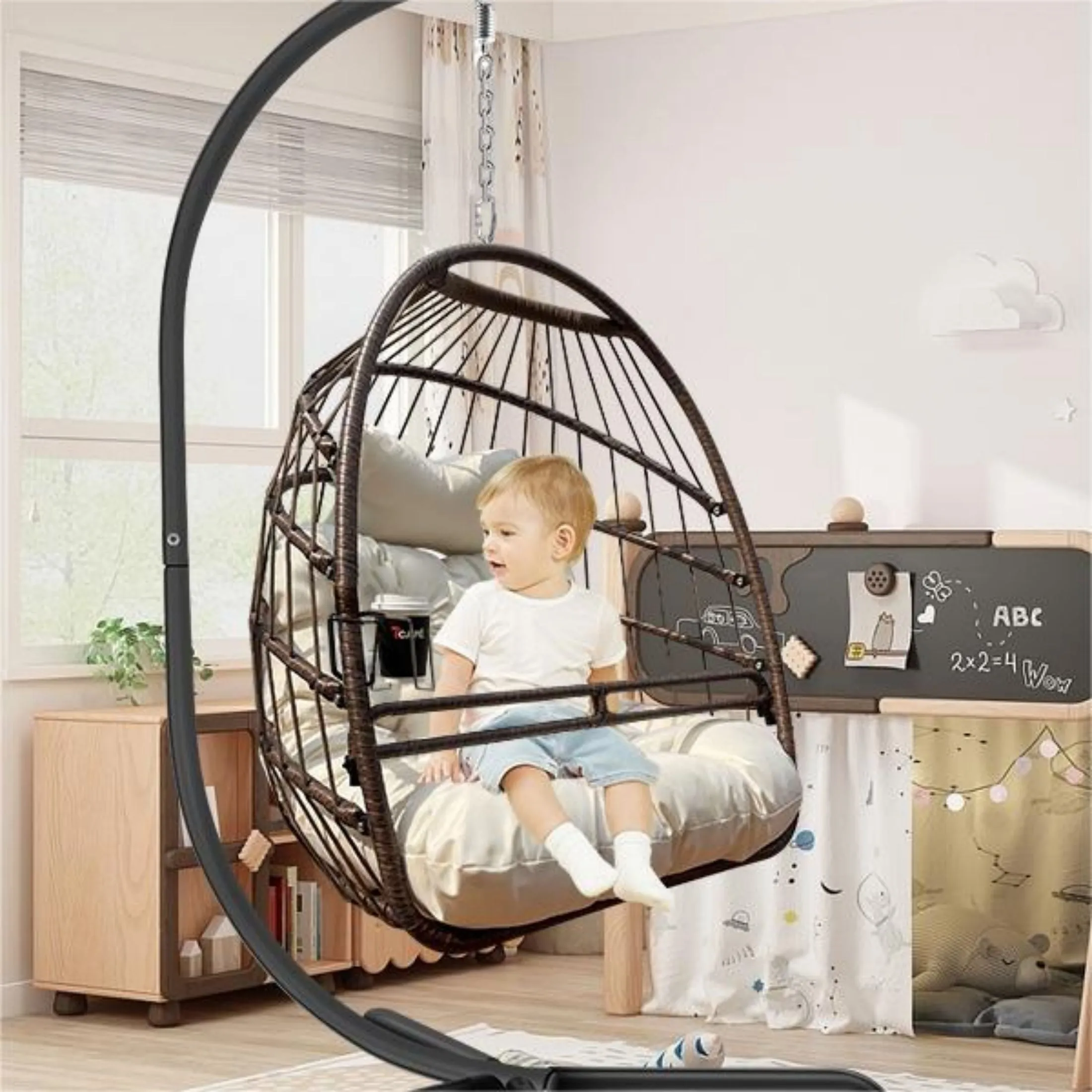 Swing Egg Chair with Stand Indoor Outdoor Wicker Rattan Patio Basket Hanging Chair with C Type bracket , with cushion and pillow,Patio Wicker folding Hanging Chair